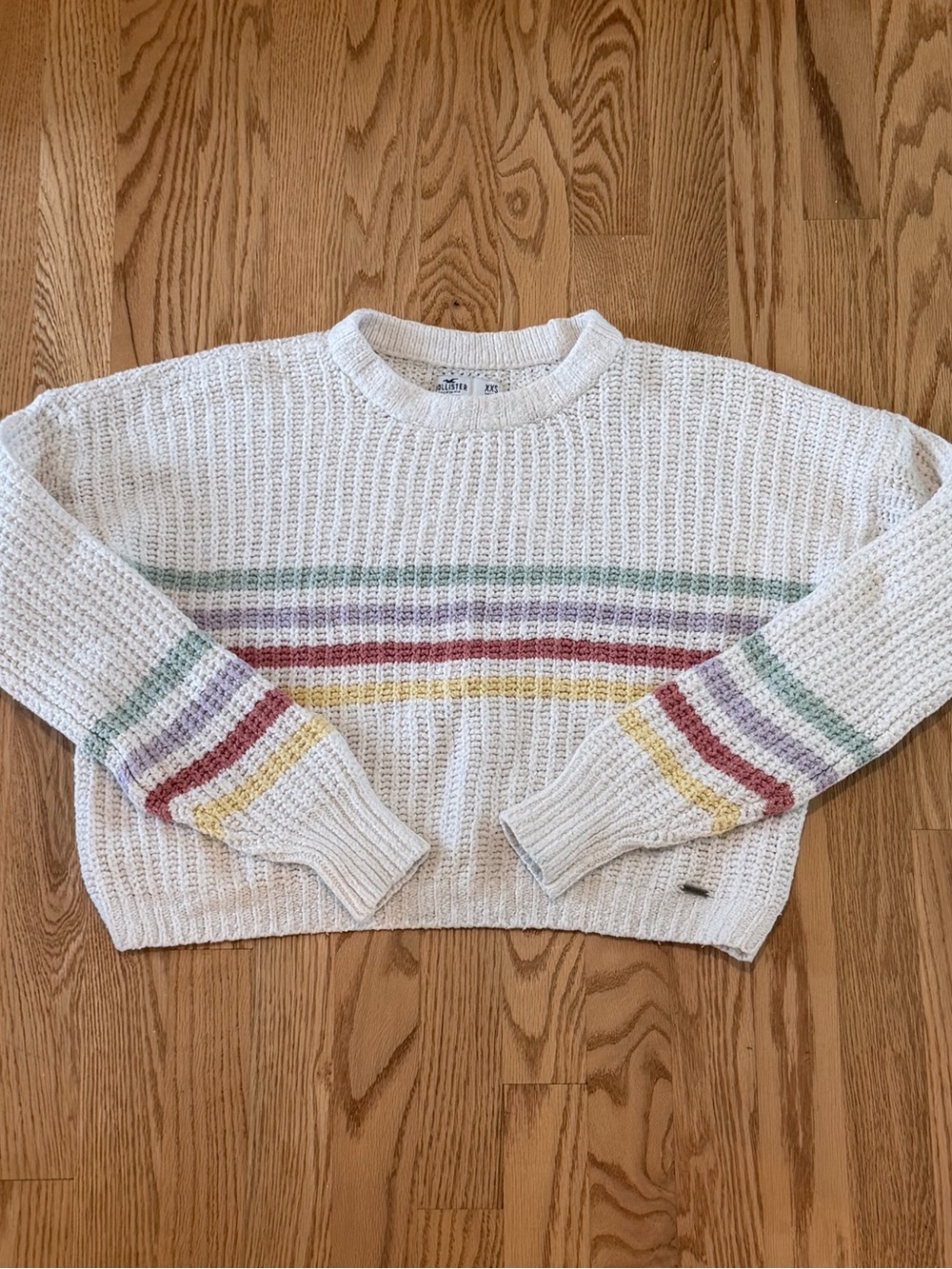 Hollister Ivory Waffle-Knit Crewneck Sweater with Pastel Stripe Accents